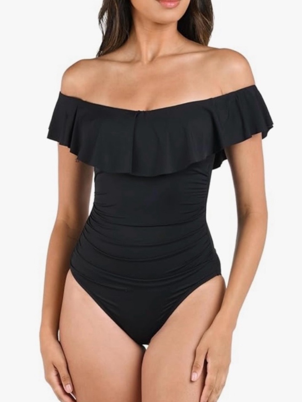 La‎ Blanca Off-Shoulder Ruffle One-Piece Swimsuit - Black size 6